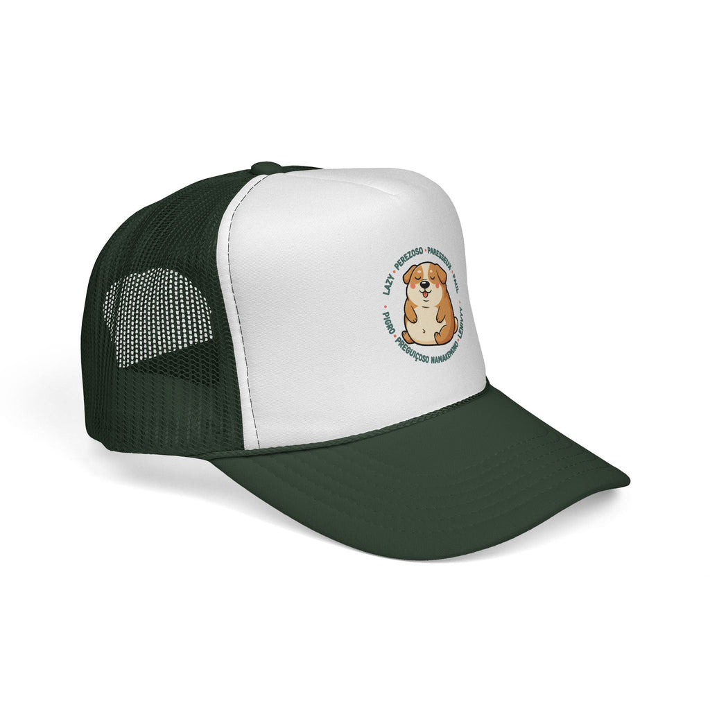 Funny Dog Meme Trucker Cap — "Fat Lazy" Multilingual Design (8 Languages)