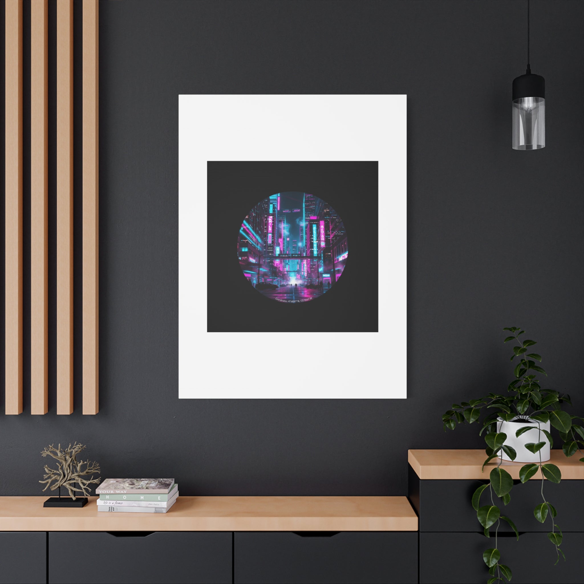 Neon Cyberpunk Cityscape Canvas | synthwave skyline, future city art