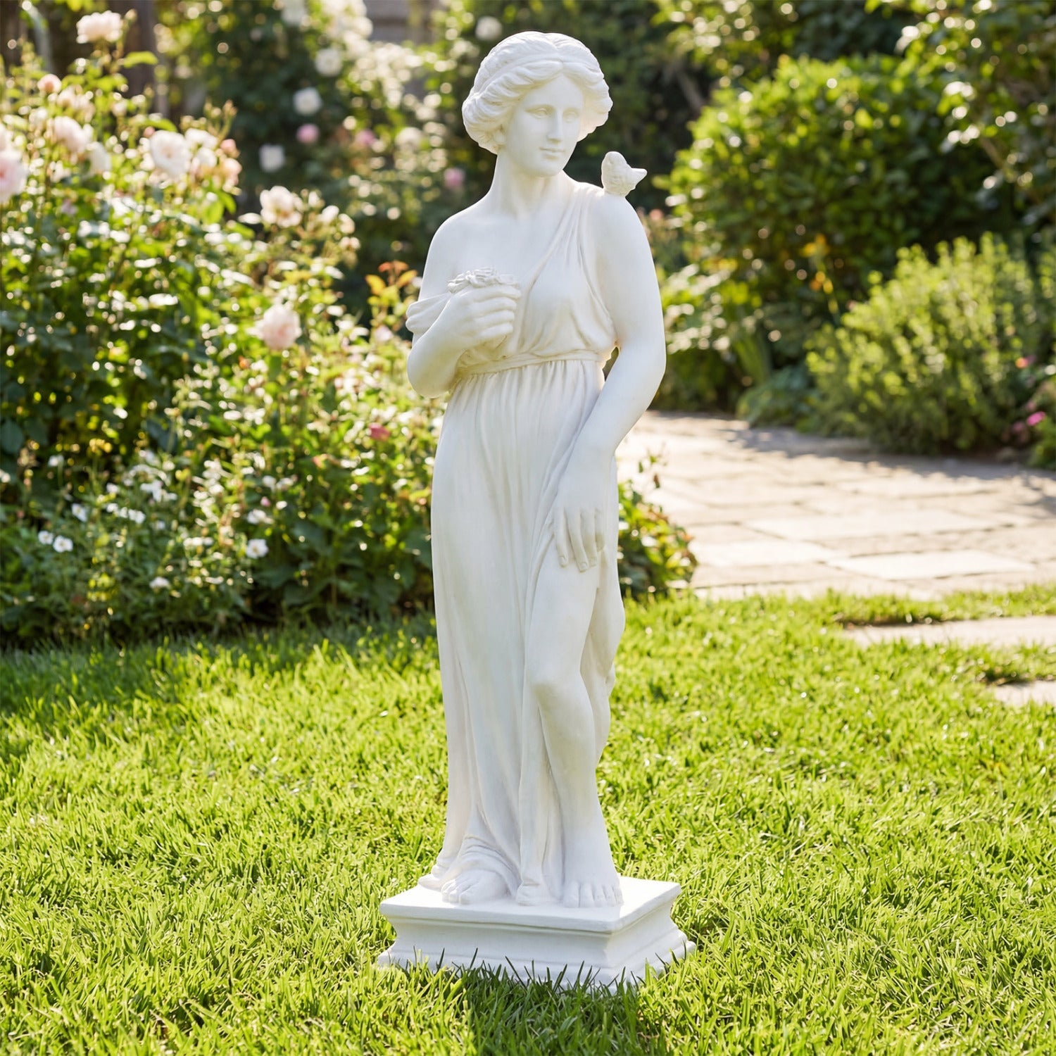 31.5 Inch Outdoor Greek Goddess Statue with Antique Finish and Column Base