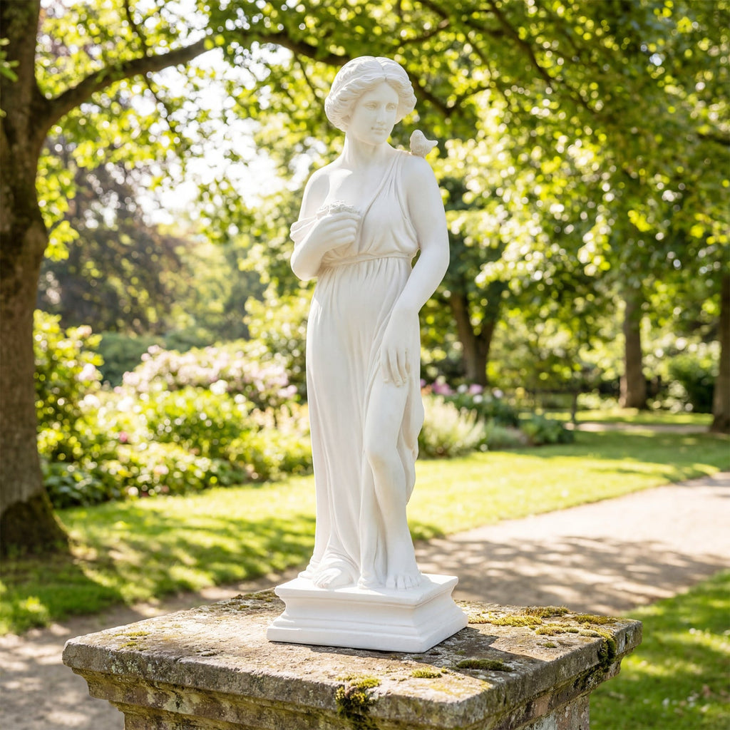 31.5 Inch Outdoor Greek Goddess Statue with Antique Finish and Column Base
