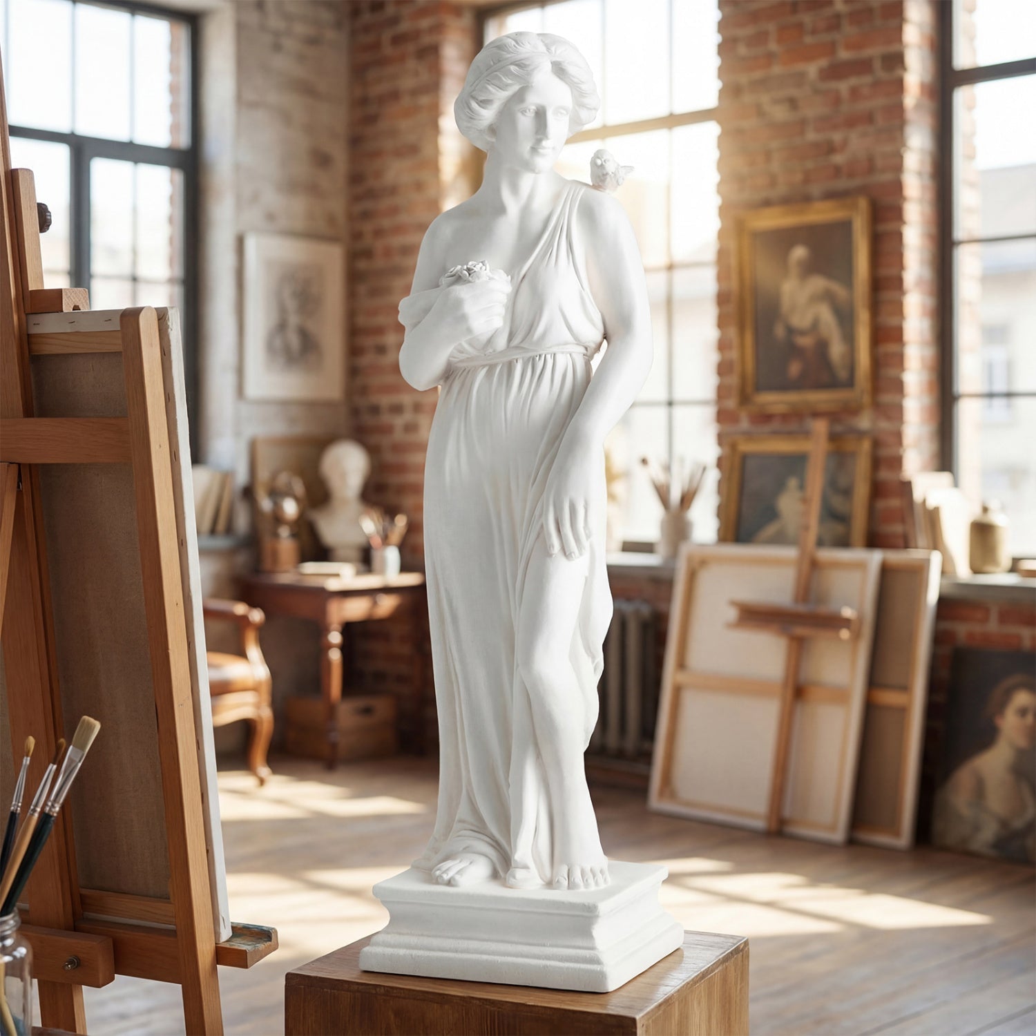 31.5 Inch Outdoor Greek Goddess Statue with Antique Finish and Column Base