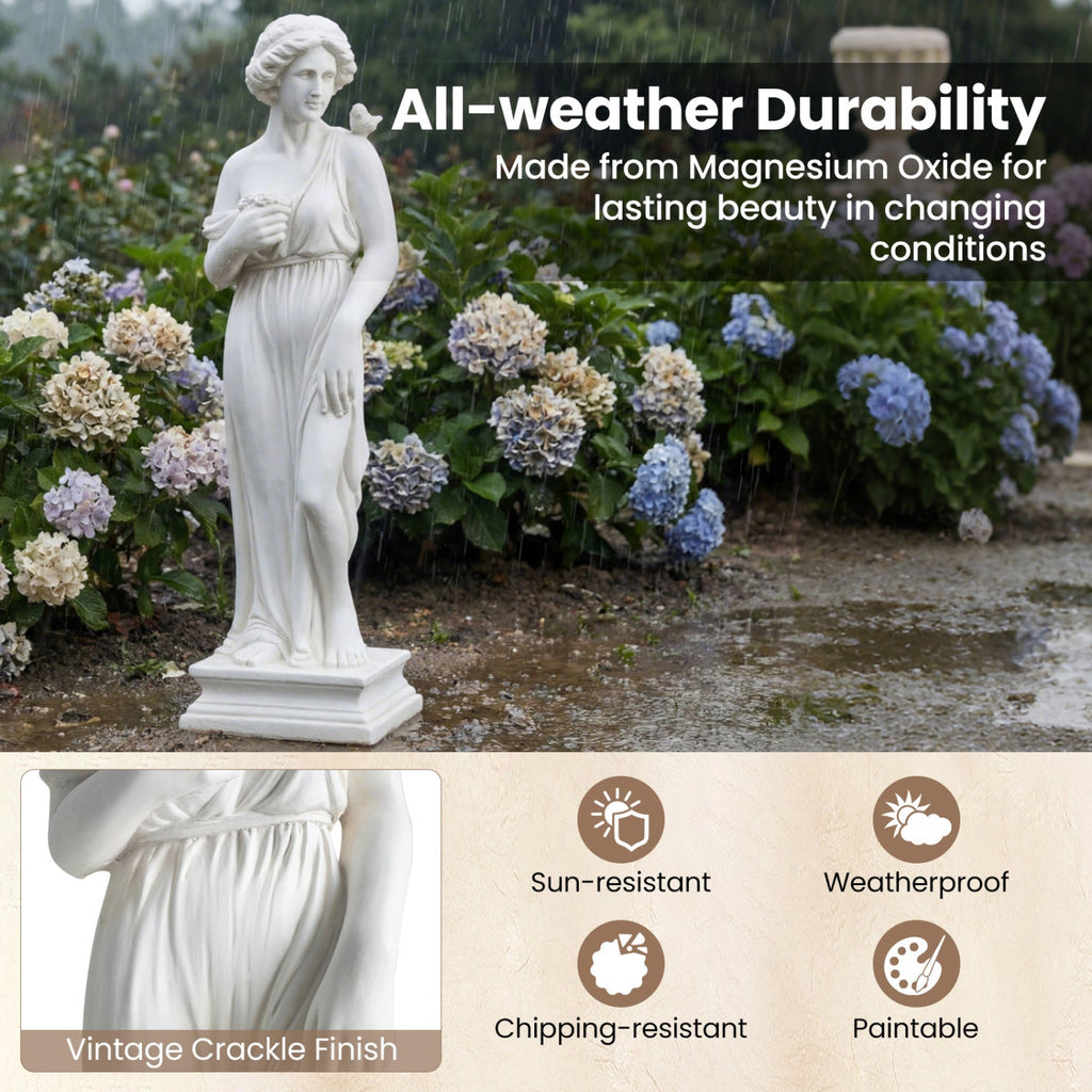 31.5 Inch Outdoor Greek Goddess Statue with Antique Finish and Column Base