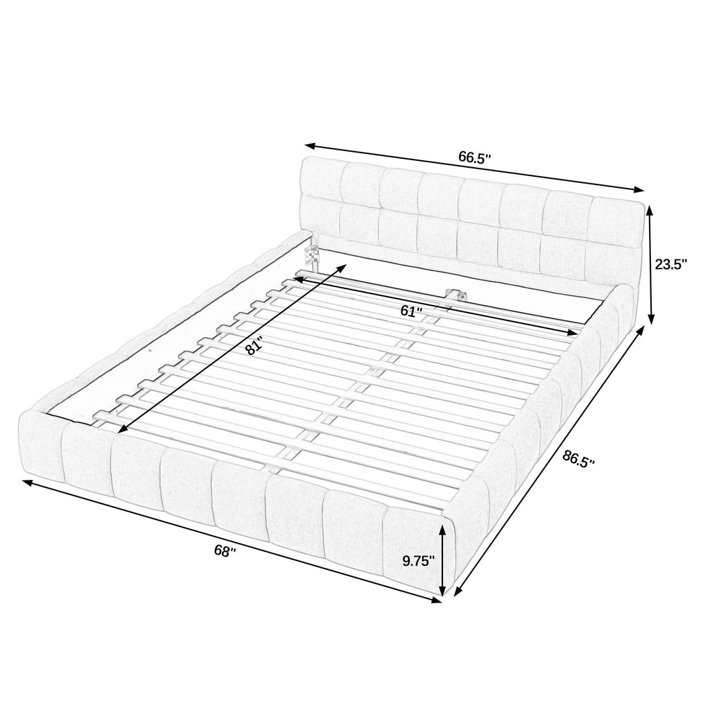 Modern Queen Size Upholstered Bed Frame with Headboard, Thick Chenille Fabric, Beige