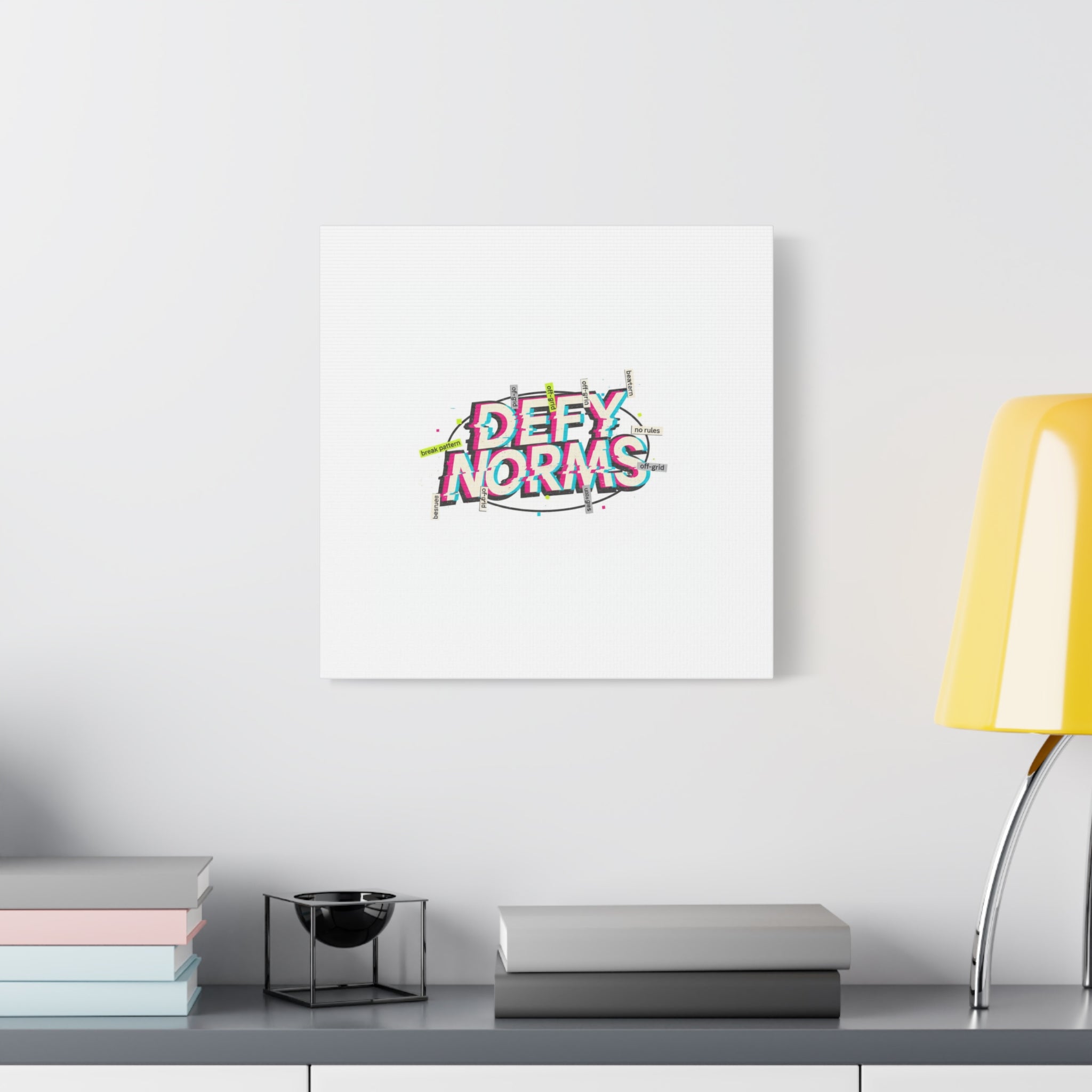 Defy Norms Canvas, Anti-Aesthetic Glitch Typography, Brutalist Poster Style