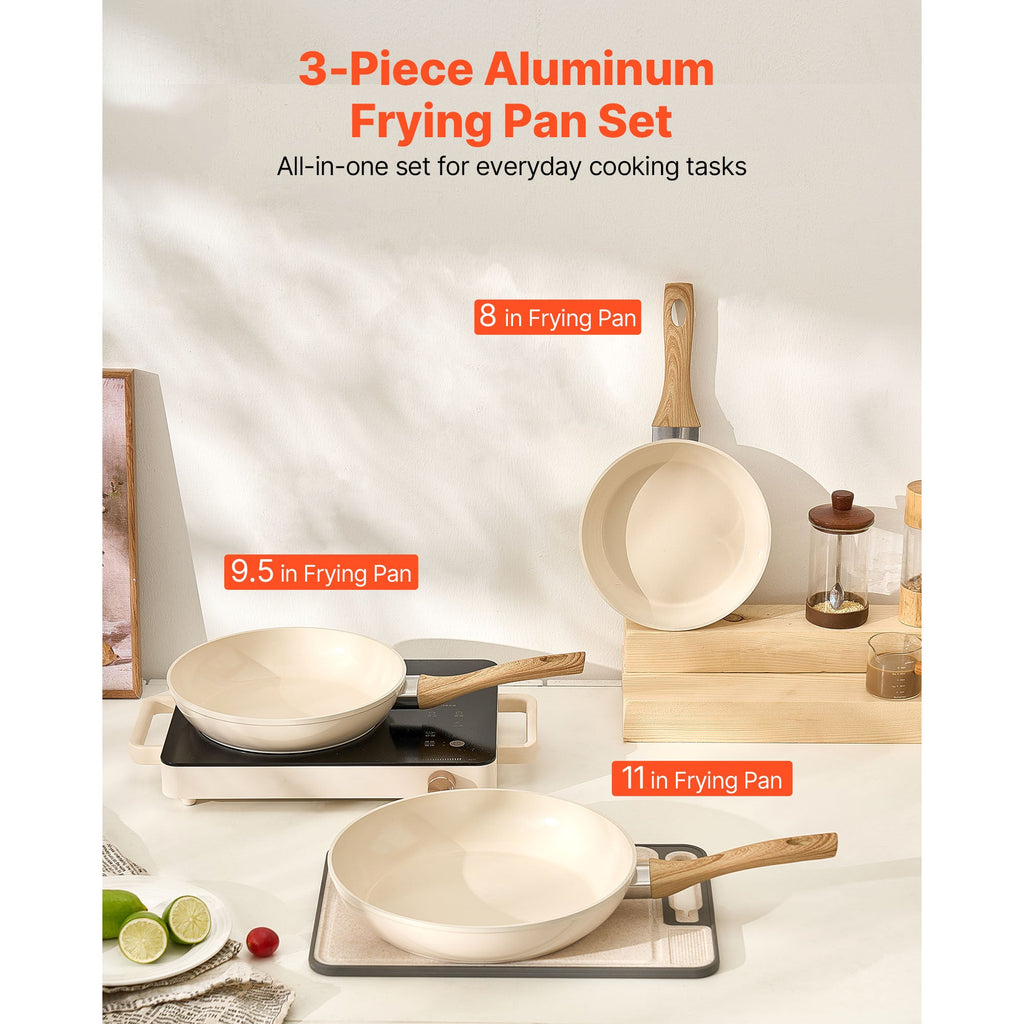 3 Piece Frying Pan Aluminum Skillet Set 8 9.5 11 in Handle Pre-Seasoned Beige