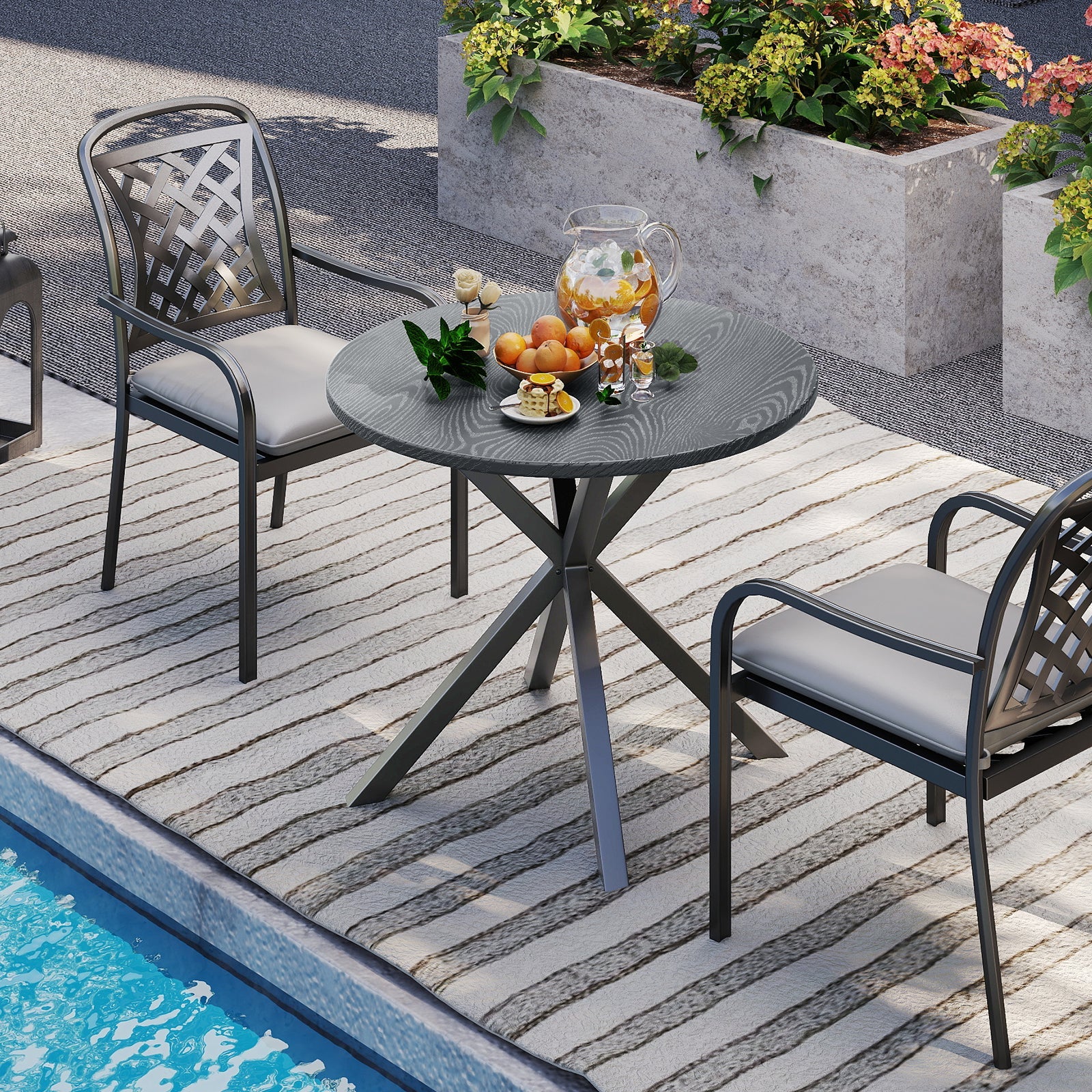 33.5 Inch Round Patio Bistro Table with Wood-Like Top and X-Shaped Legs-Gray