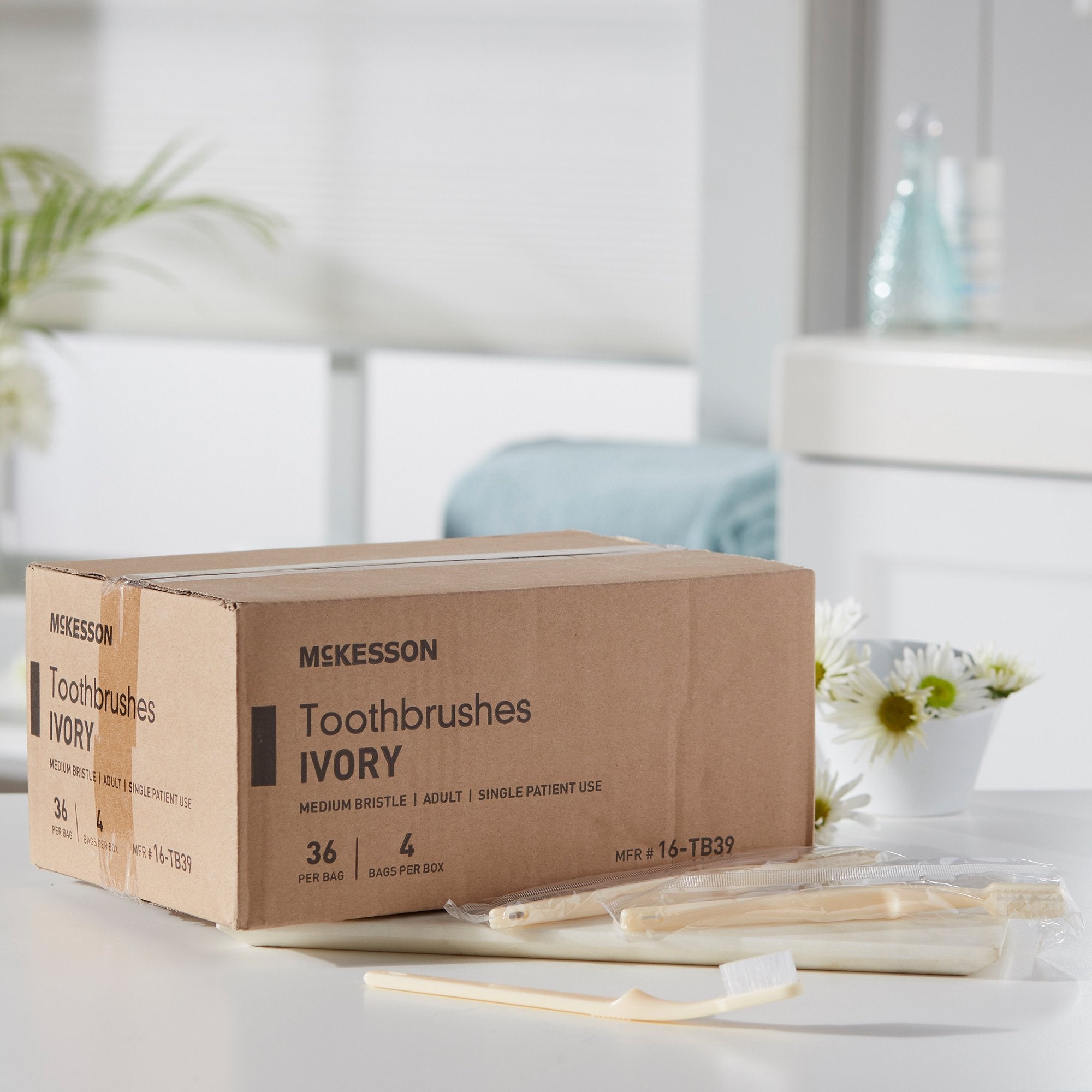 McKesson Toothbrush, Ivory, Medium, 1-1/16" x 3/8" Head, 1/2" x 5-7/8" Handle 16-TB39