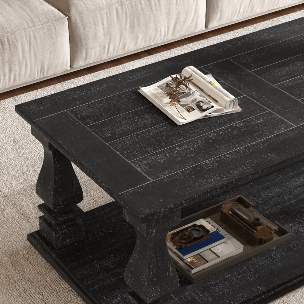 Farmhouse Coffee Table with Storage Shelf 47" Rustic Solid Wood Planked Top & Square Baluster Legs
