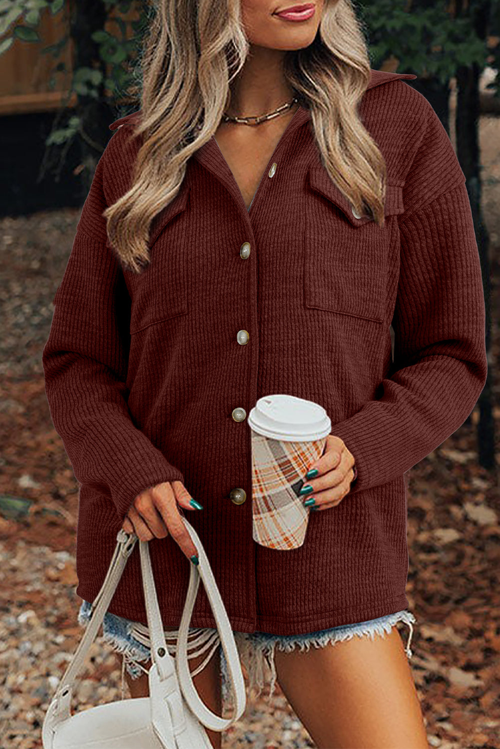 Red Sandalwood Ribbed Knit Buttons Front Flap Pocket Casual Shacket