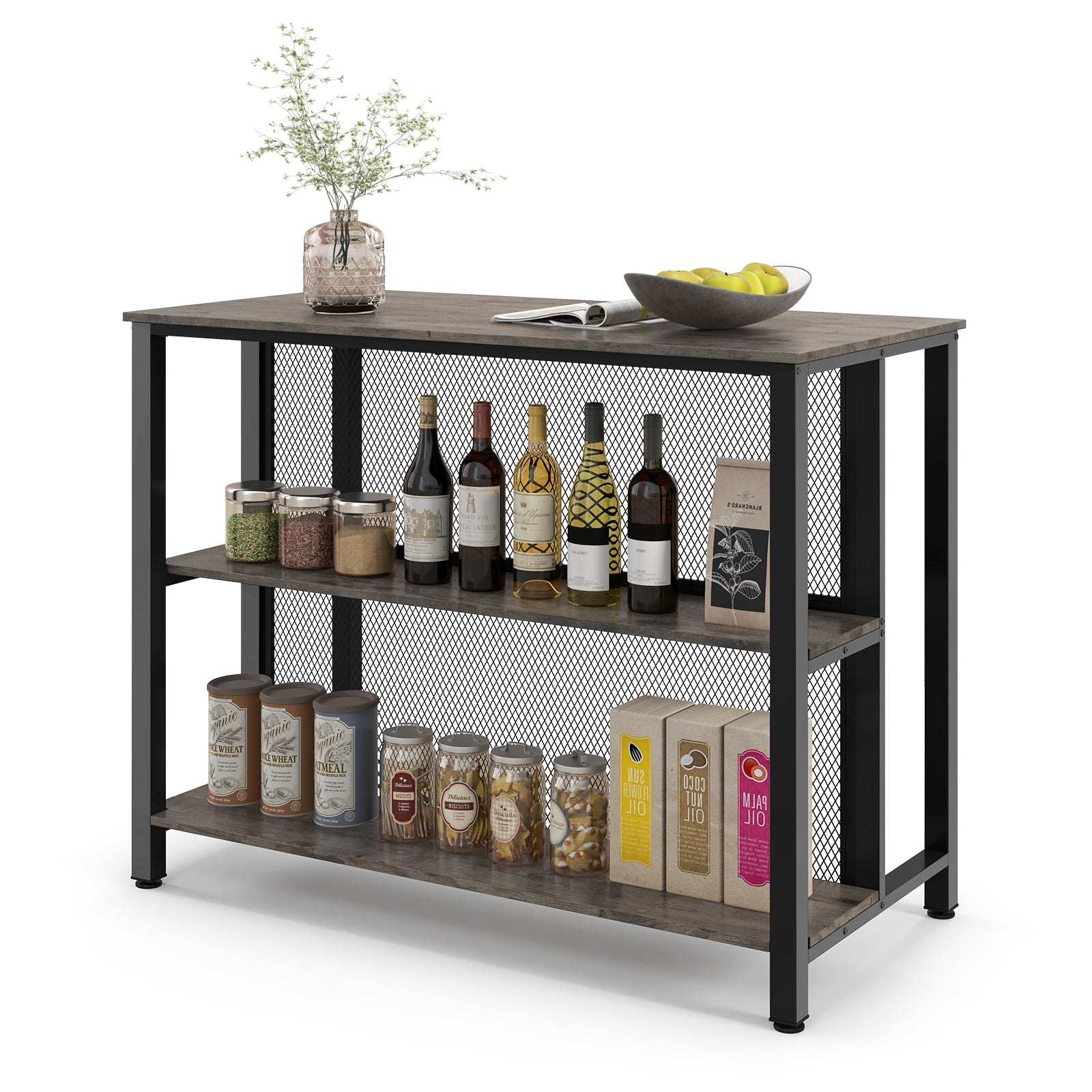 36 Inch 3-Tier Bar Table with Storage Metal Frame Adjustable Foot Pads for Dining Room