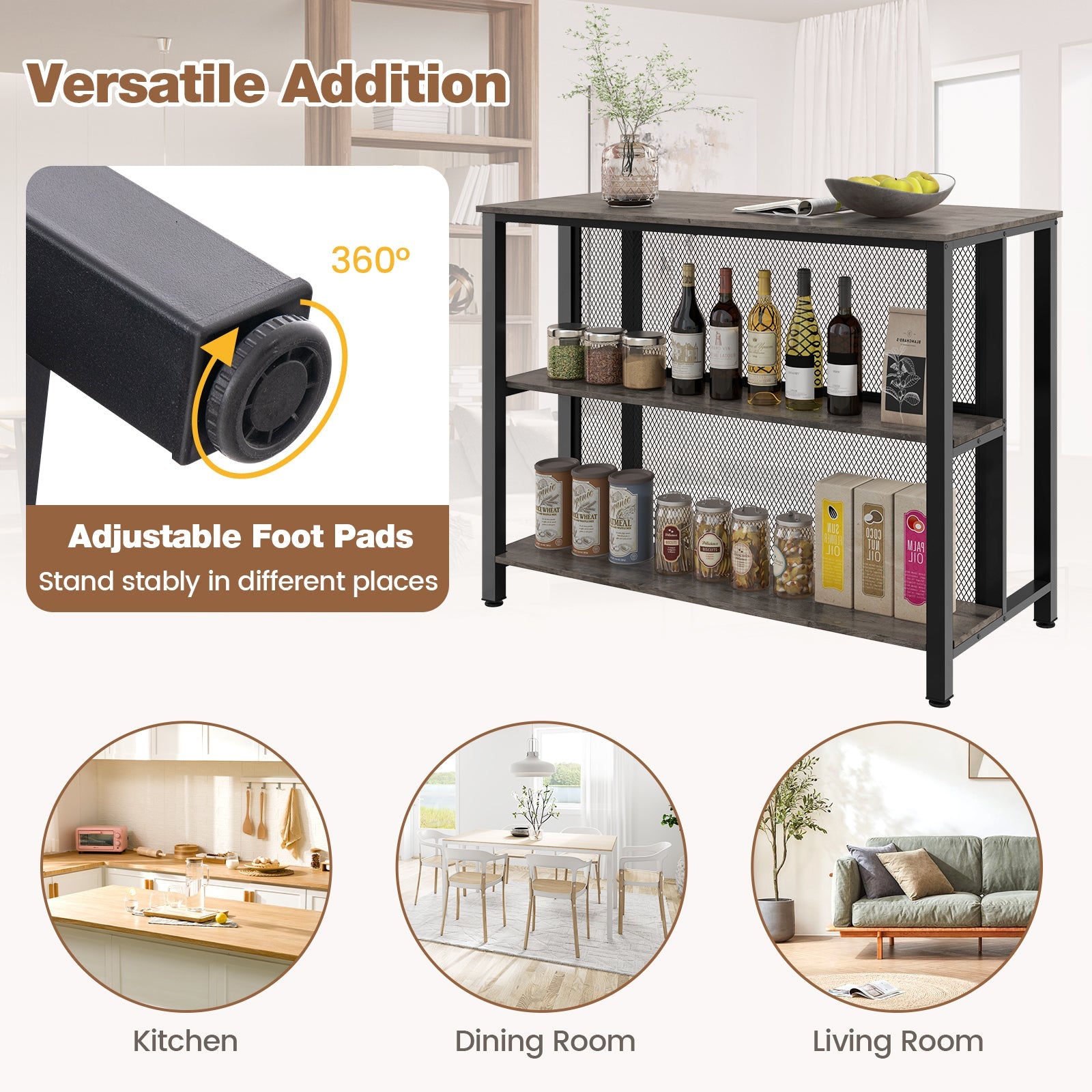 36 Inch 3-Tier Bar Table with Storage Metal Frame Adjustable Foot Pads for Dining Room