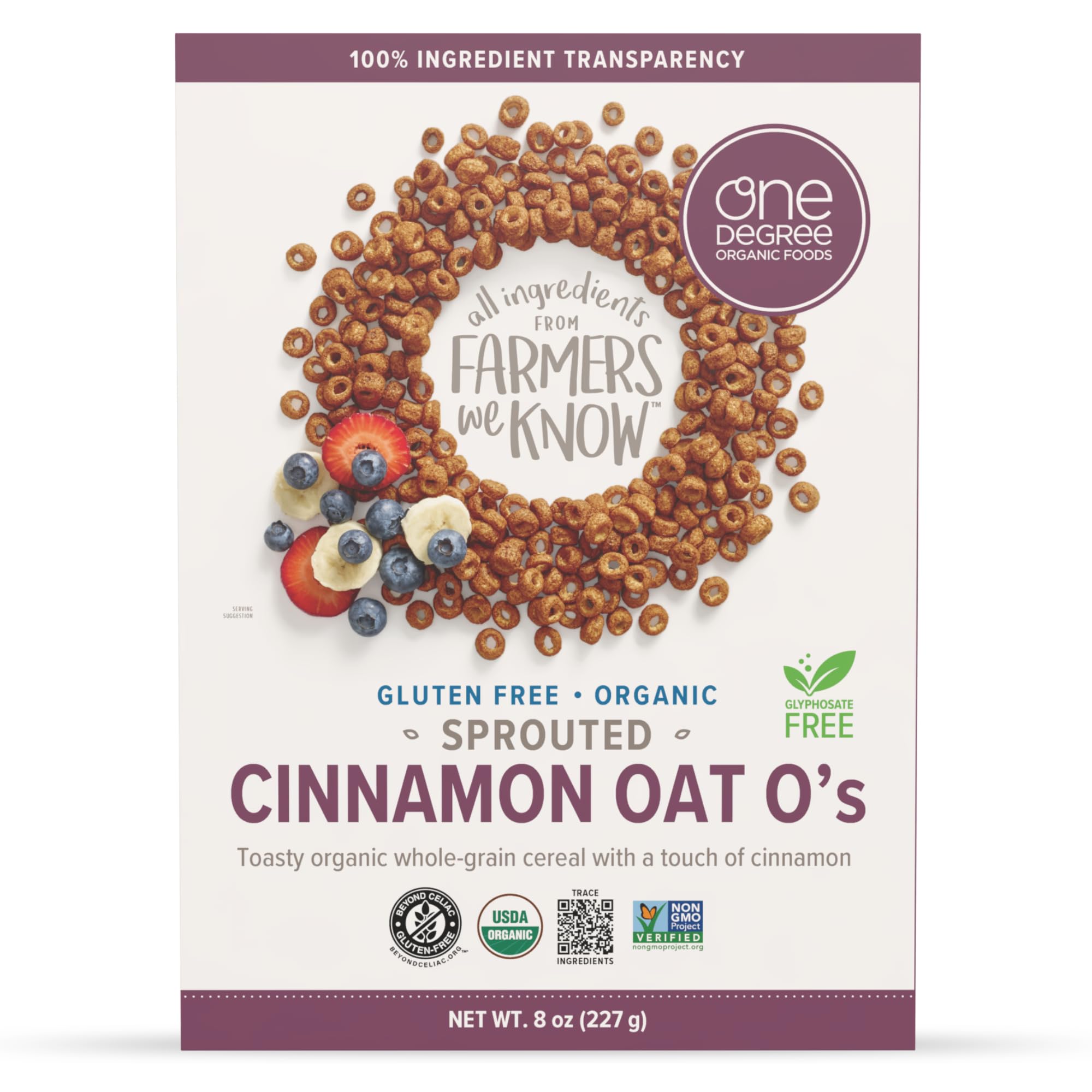 One Degree Organic Foods Sprouted Organic Cinnamon Gluten Free Oats, Case of 6, 8 Ounce