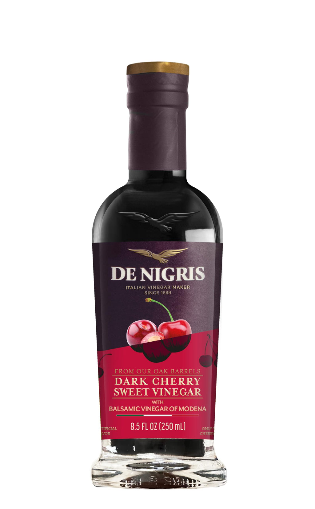 De Nigris Dark Cherry Sweet Vinegar with Balsamic Vinegar of Modena, Case of 6, 8.5 Fluid Ounce Bottles