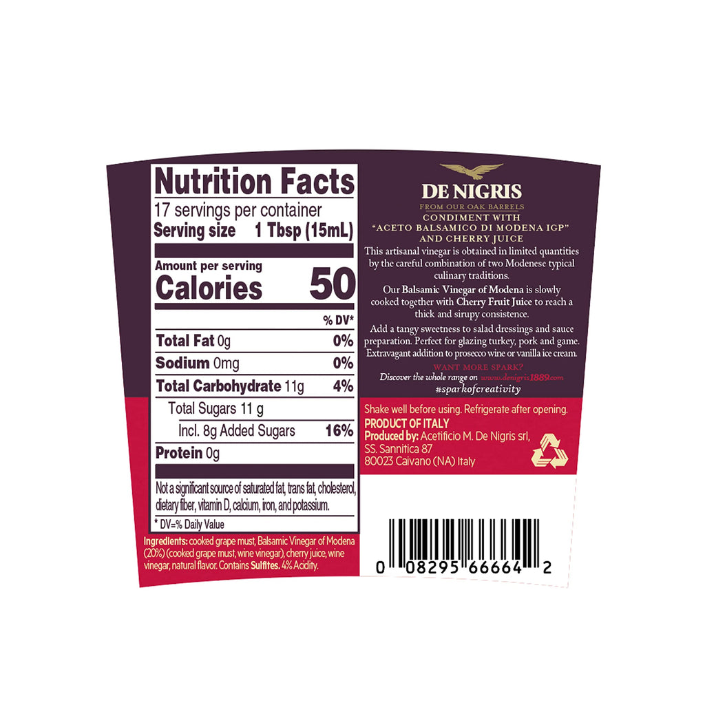 De Nigris Dark Cherry Sweet Vinegar with Balsamic Vinegar of Modena, Case of 6, 8.5 Fluid Ounce Bottles
