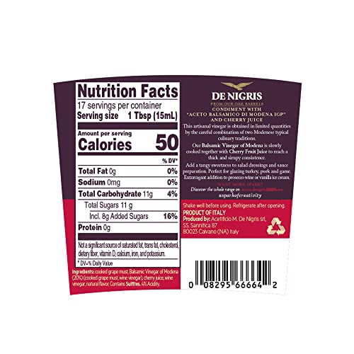 De Nigris Dark Cherry Sweet Vinegar with Balsamic Vinegar of Modena, Case of 6, 8.5 Fluid Ounce Bottles