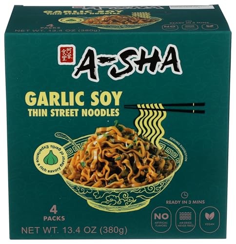 A-Sha Foods Garlic Soy Thin Street Noodles, Case of 6, 13.40 oz Packs