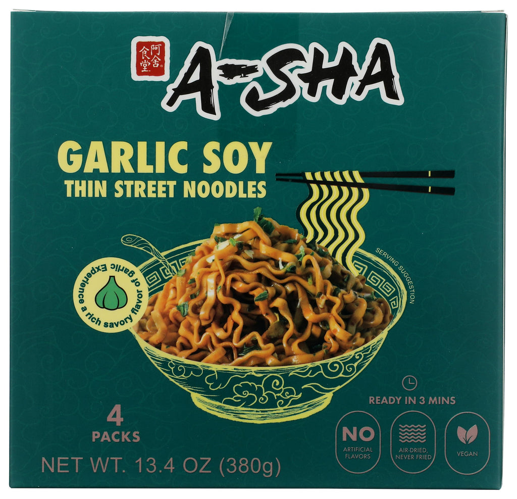 A-Sha Foods Garlic Soy Thin Street Noodles, Case of 6, 13.40 oz Packs