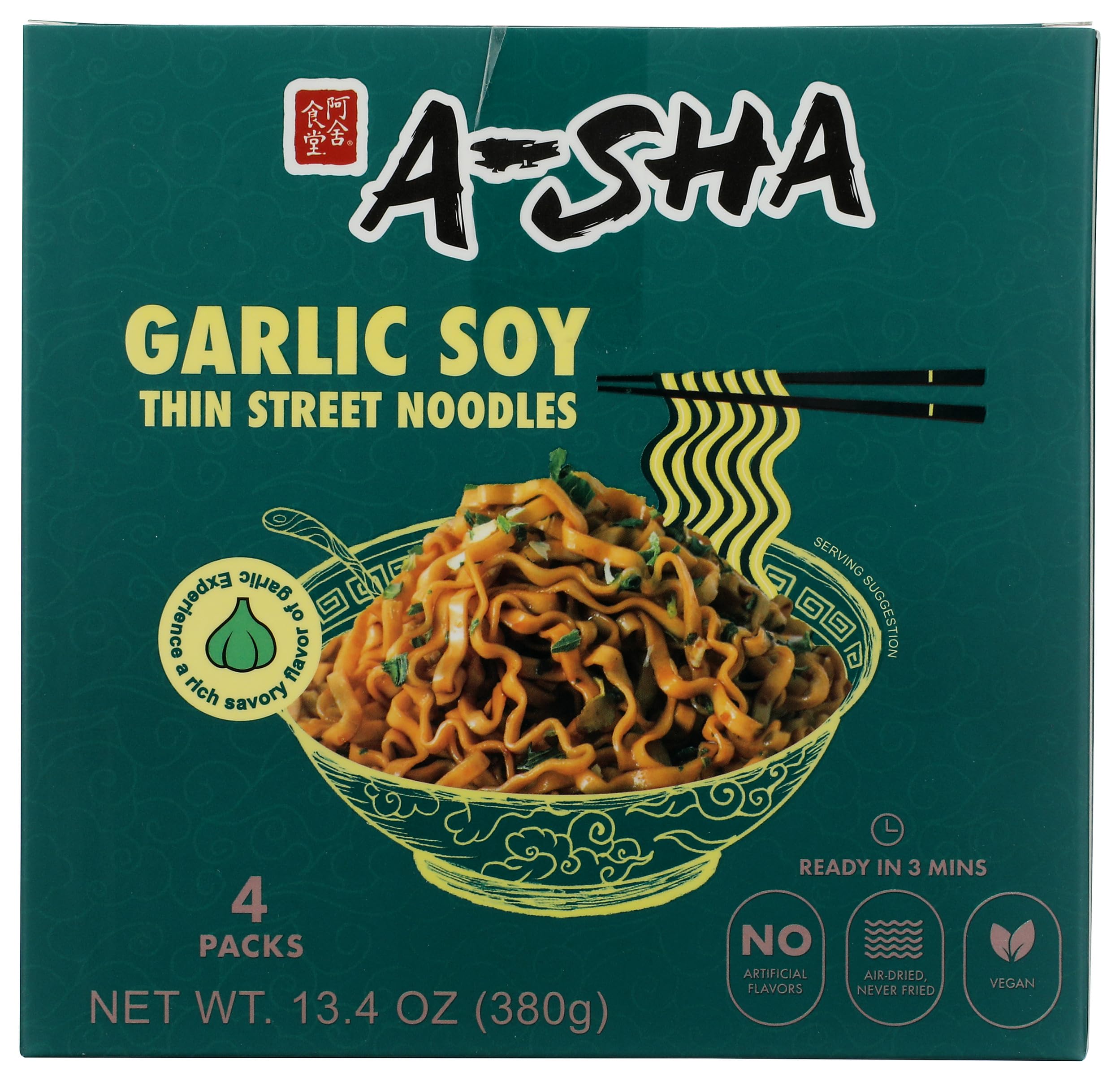 A-Sha Foods Garlic Soy Thin Street Noodles, Case of 6, 13.40 oz Packs