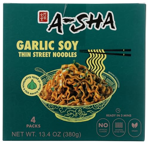A-Sha Foods Garlic Soy Thin Street Noodles, Case of 6, 13.40 oz Packs