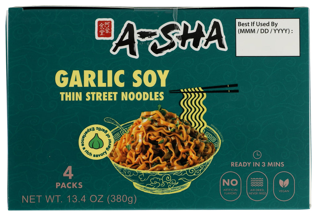 A-Sha Foods Garlic Soy Thin Street Noodles, Case of 6, 13.40 oz Packs