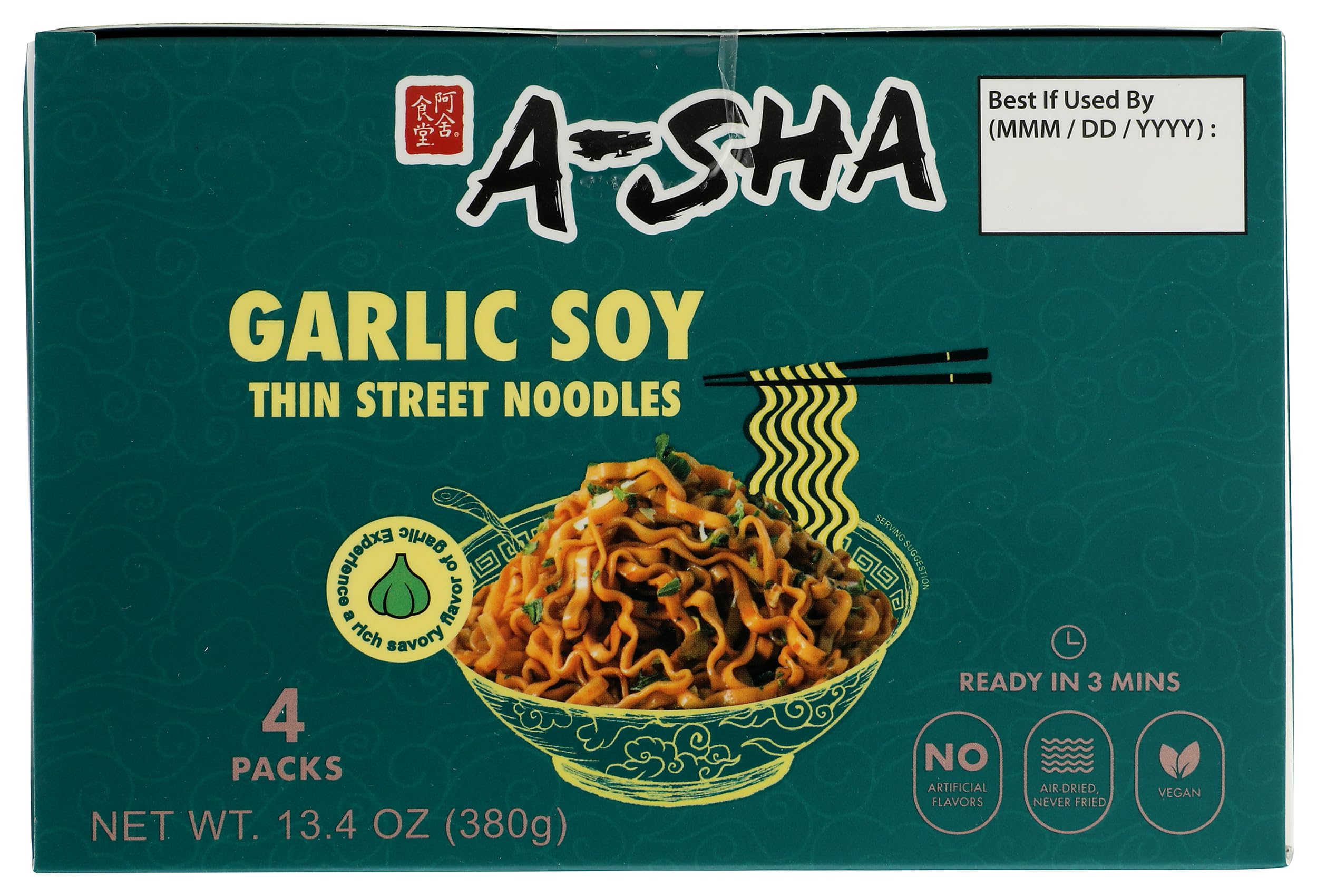 A-Sha Foods Garlic Soy Thin Street Noodles, Case of 6, 13.40 oz Packs