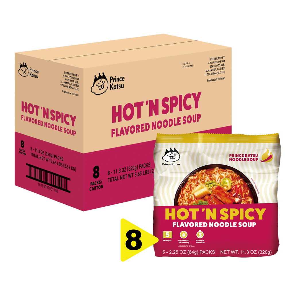 A-Sha Foods Hot Spicy Ramen Noodle Soup Packets, Case of 8, 11.3 oz