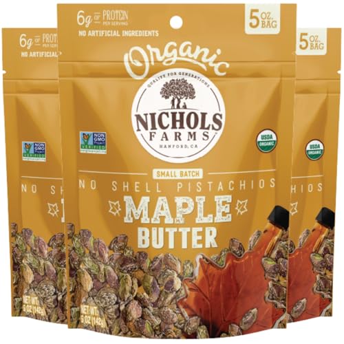 Nichols Farms Organic Maple Butter Pistachios, No Shells, Case of 12, 5 oz
