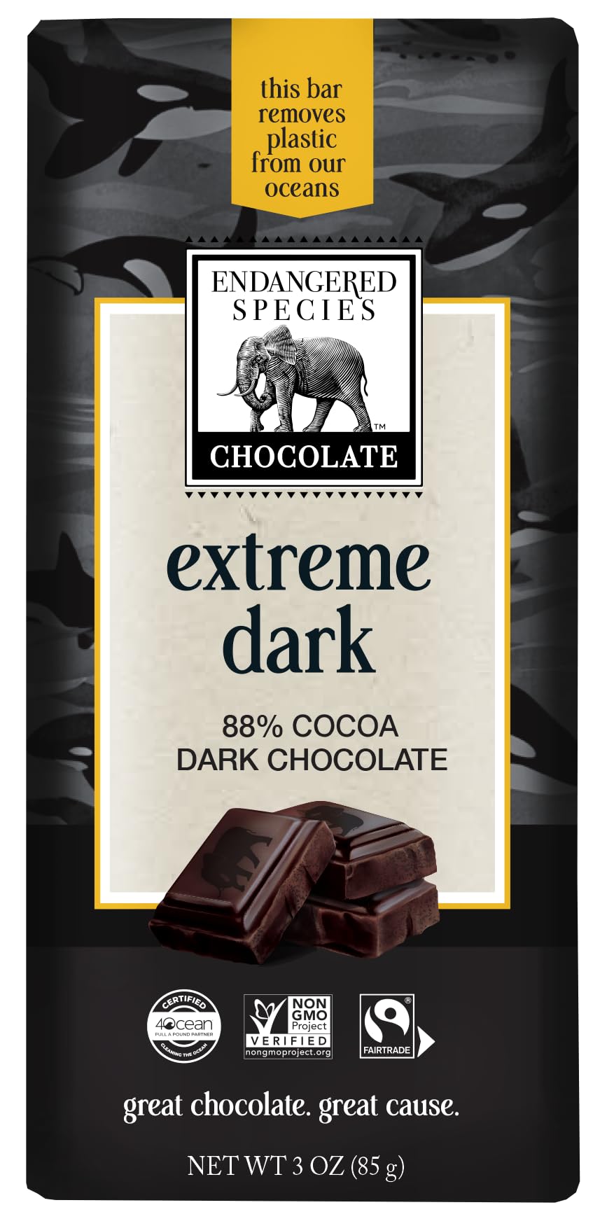 Endangered Species Chocolate Extreme Dark Chocolate Orca Bar, Case of 12, 3 Ounce