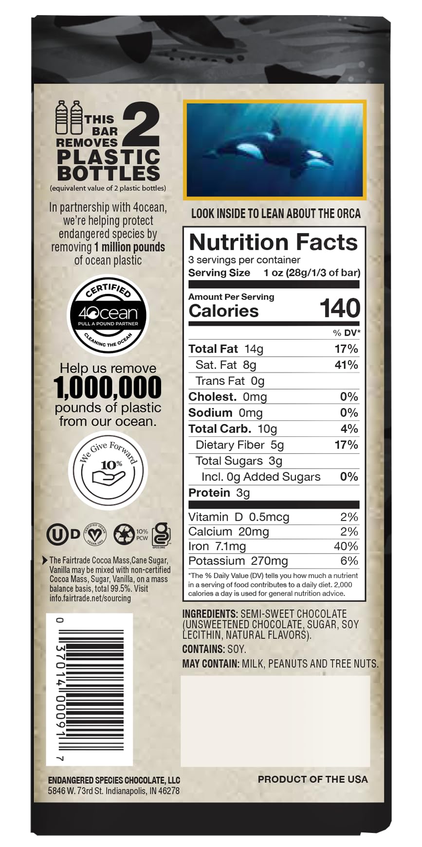 Endangered Species Chocolate Extreme Dark Chocolate Orca Bar, Case of 12, 3 Ounce