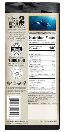 Endangered Species Chocolate Extreme Dark Chocolate Orca Bar, Case of 12, 3 Ounce