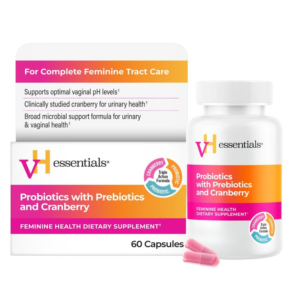vH Essentials Probiotics with Prebiotics and Cranberry Feminine Health Supplement, Case of 4, 60 Count Bottles