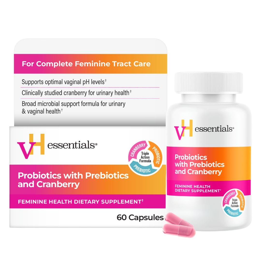 vH Essentials Probiotics with Prebiotics and Cranberry Feminine Health Supplement, Case of 4, 60 Count Bottles