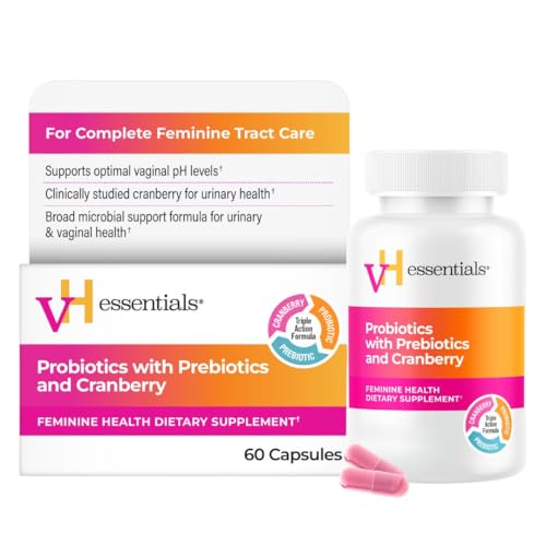 vH Essentials Probiotics with Prebiotics and Cranberry Feminine Health Supplement, Case of 4, 60 Count Bottles