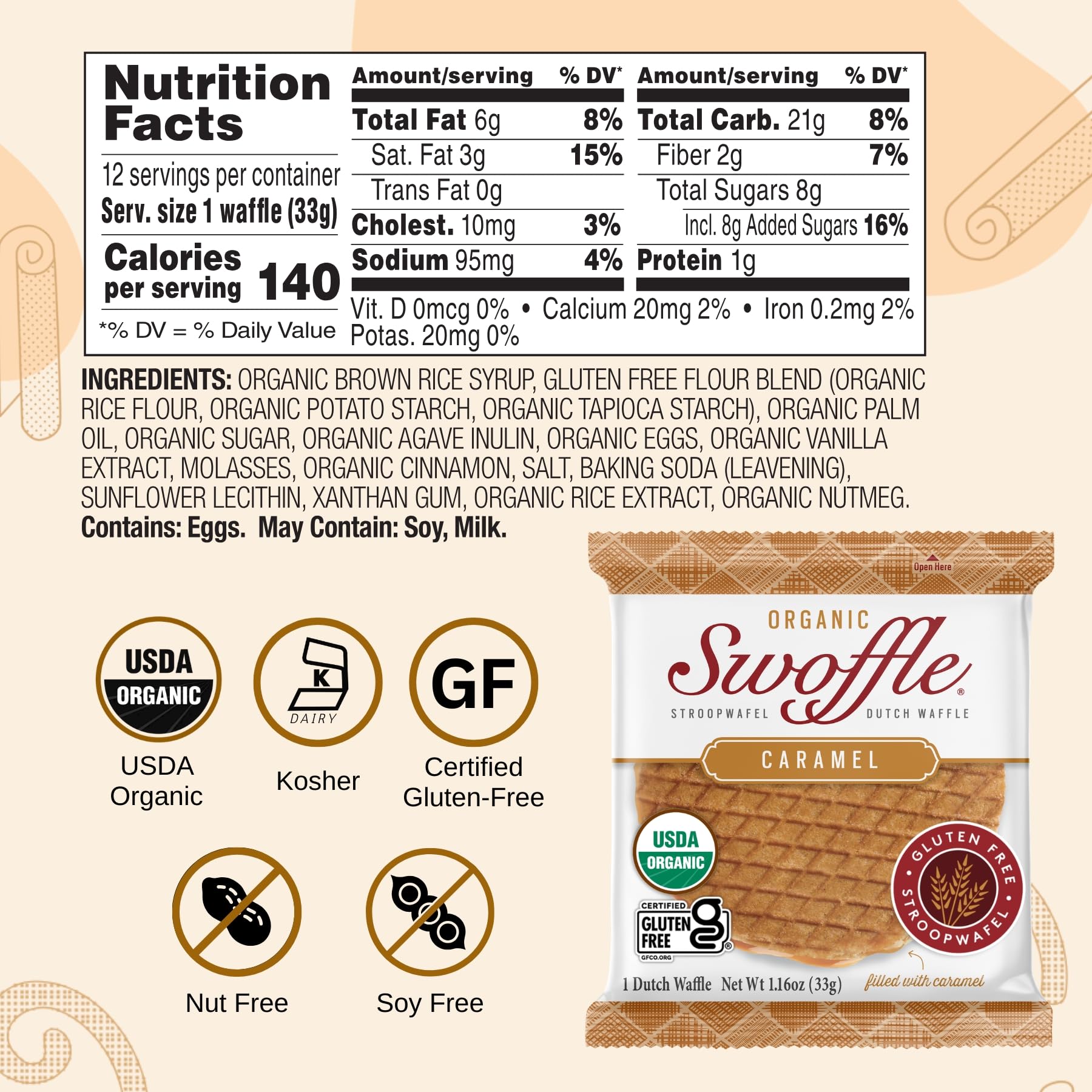 Swoffle Organic Gluten Free Caramel Waffle Cookies, Case of 12, 1.16 Ounce