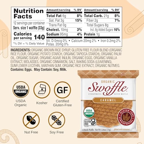Swoffle Organic Gluten Free Caramel Waffle Cookies, Case of 12, 1.16 Ounce