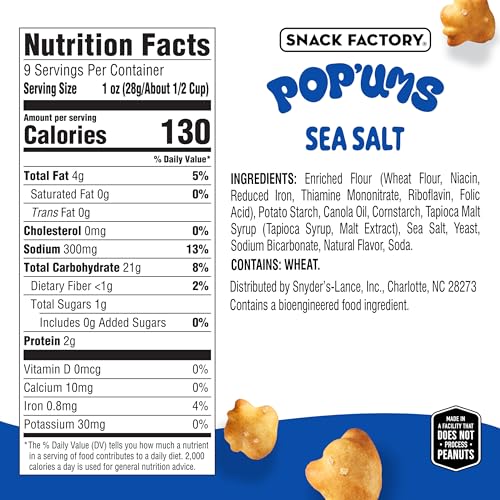 Snack Factory Pop'ums Sea Salt Pretzel Snacks, Case of 12, 9 Oz Bags