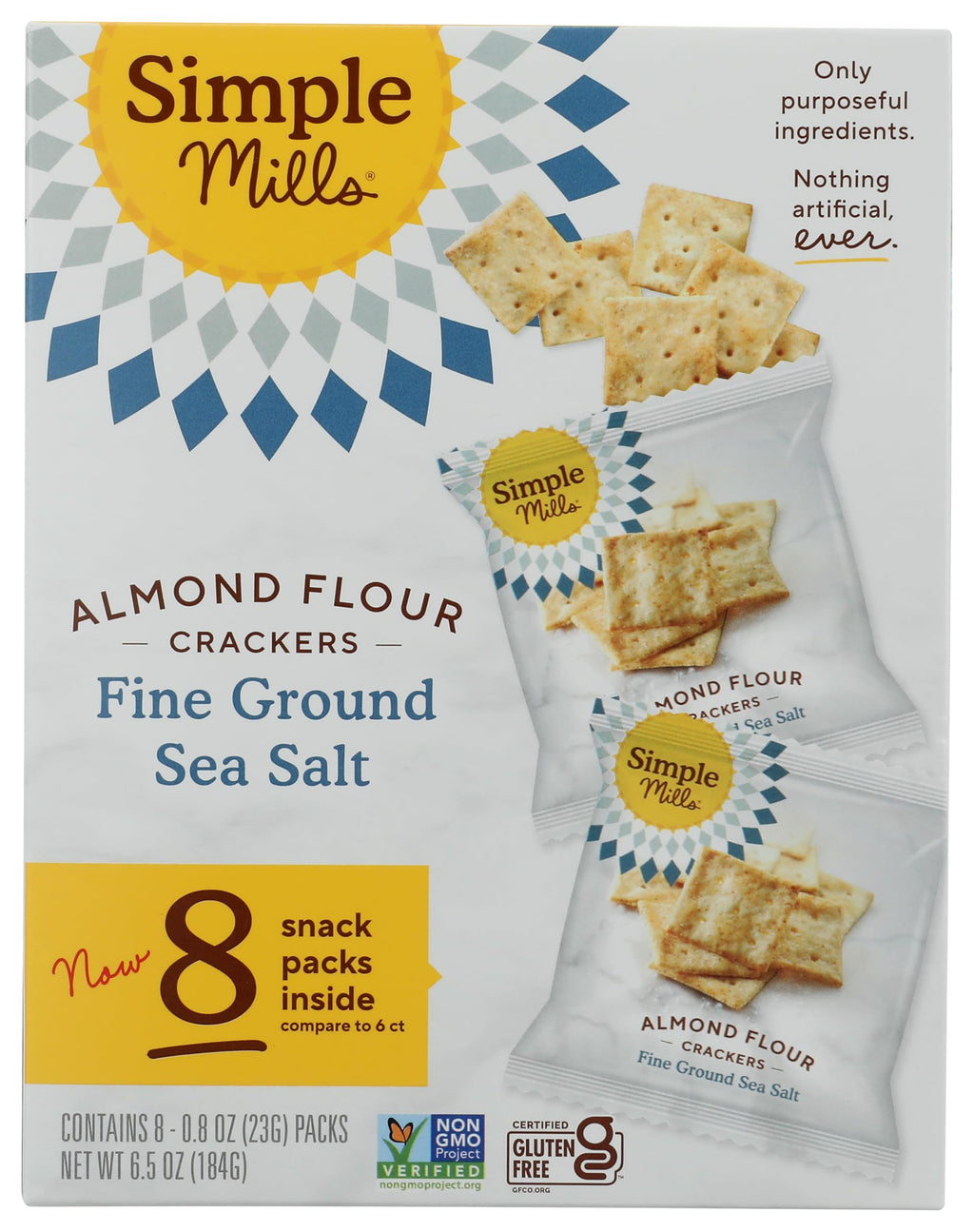 Simple Mills Almond Flour Sea Salt Snack Crackers, Case of 4, 8 Count, 6.5 Oz Boxes