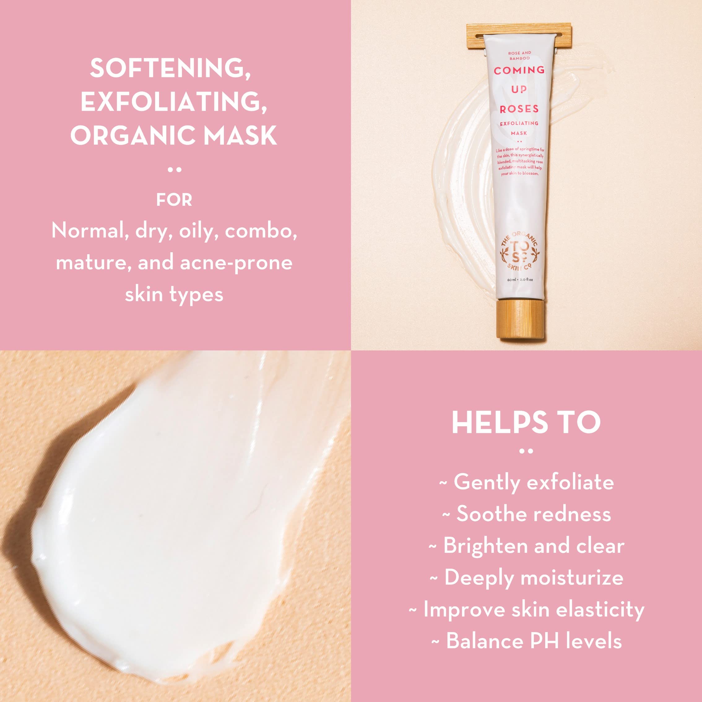 The Organic Skin Co Coming Up Roses Rose and Bamboo Hydrating Face Mask Exfoliating Scrub, 2 Fluid Ounces