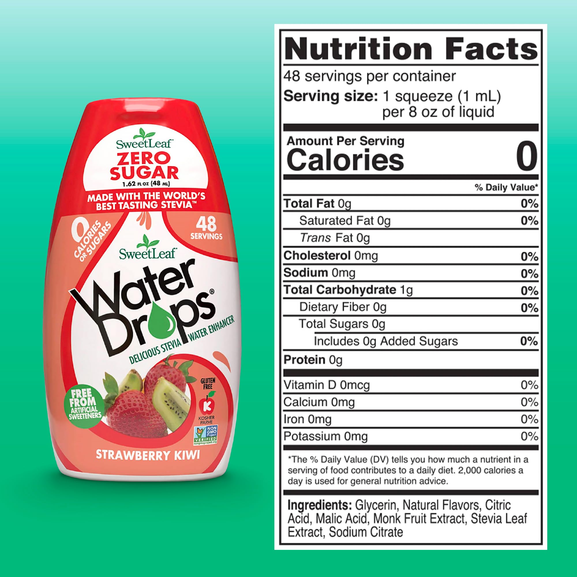 SweetLeaf Sweet & Slender Strawberry Kiwi Water Drops, Case of 12, 1.62 Fluid Ounce Bottles