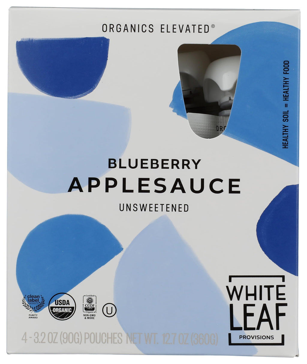 White Leaf Provisions Organic Unsweetened Blueberry Applesauce, Case of 6, 4 Count, 3.2 Ounce Pouches