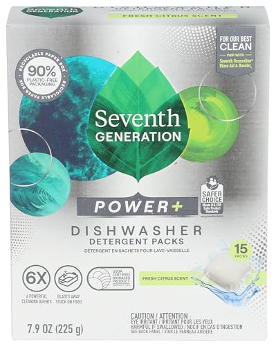 Seventh Generation Power+ Fresh Citrus Dishwasher Detergent Packs, Case of 6, 15 Count Packs