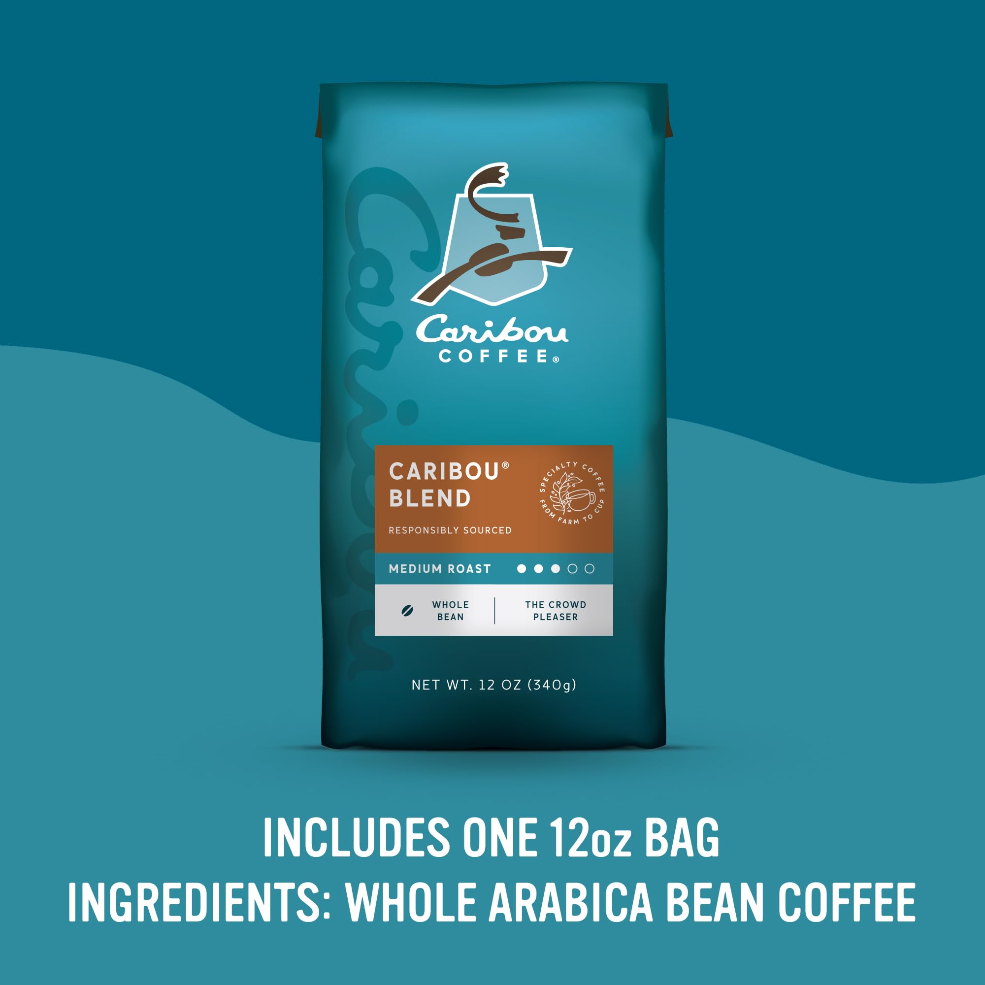 Caribou Coffee Caribou Blend Medium Roast Whole Bean Coffee, Case of 6, 12 Ounce Bags