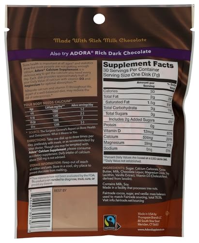 Adora Milk Chocolate Calcium Disks, Case of 6, 30 Count Each