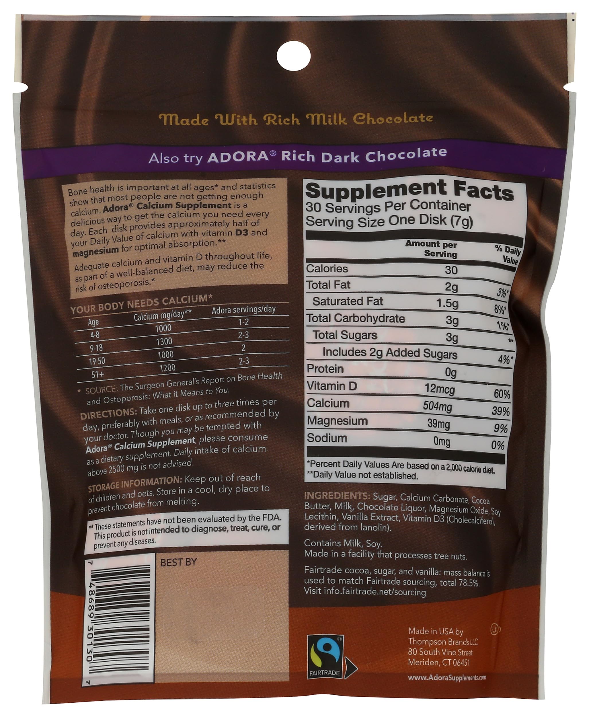 Adora Milk Chocolate Calcium Disks, Case of 6, 30 Count Each