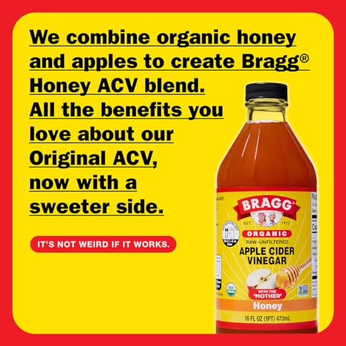 Bragg Organic Apple Cider Vinegar Honey Blend with The Mother, Case of 6, 16 fl oz