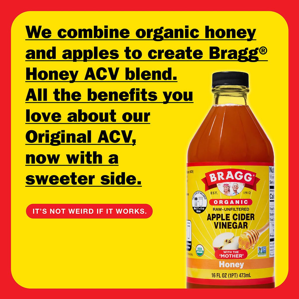 Bragg Organic Apple Cider Vinegar Honey Blend with The Mother, Case of 6, 16 fl oz