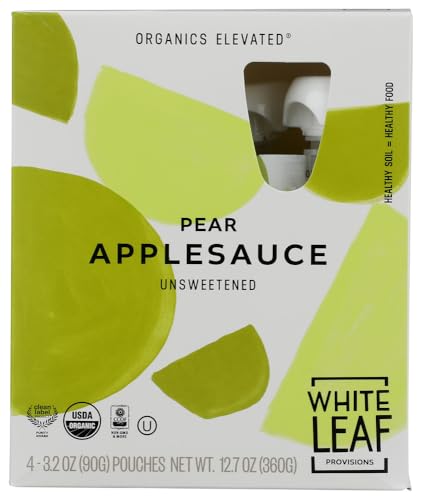 White Leaf Provisions Organic Unsweetened Pear Applesauce, Case of 6, 4-Pack 3.2 Ounce Pouches