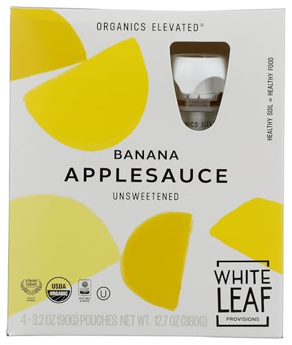 White Leaf Provisions Organic Unsweetened Banana Applesauce, Case of 6, 4-Pack 3.2 Ounce Pouches