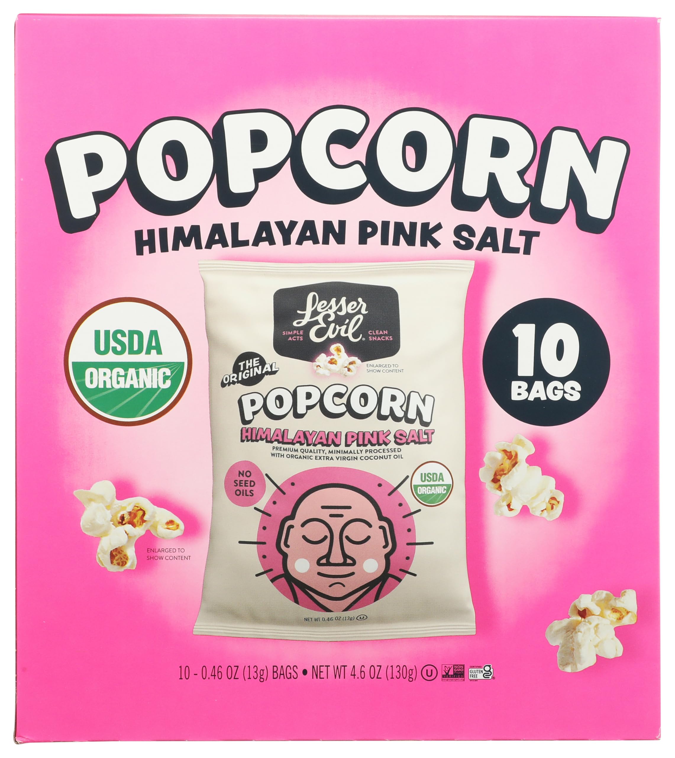 LesserEvil Organic Himalayan Pink Popcorn, Case of 6, 10 Count 0.46 oz Bags