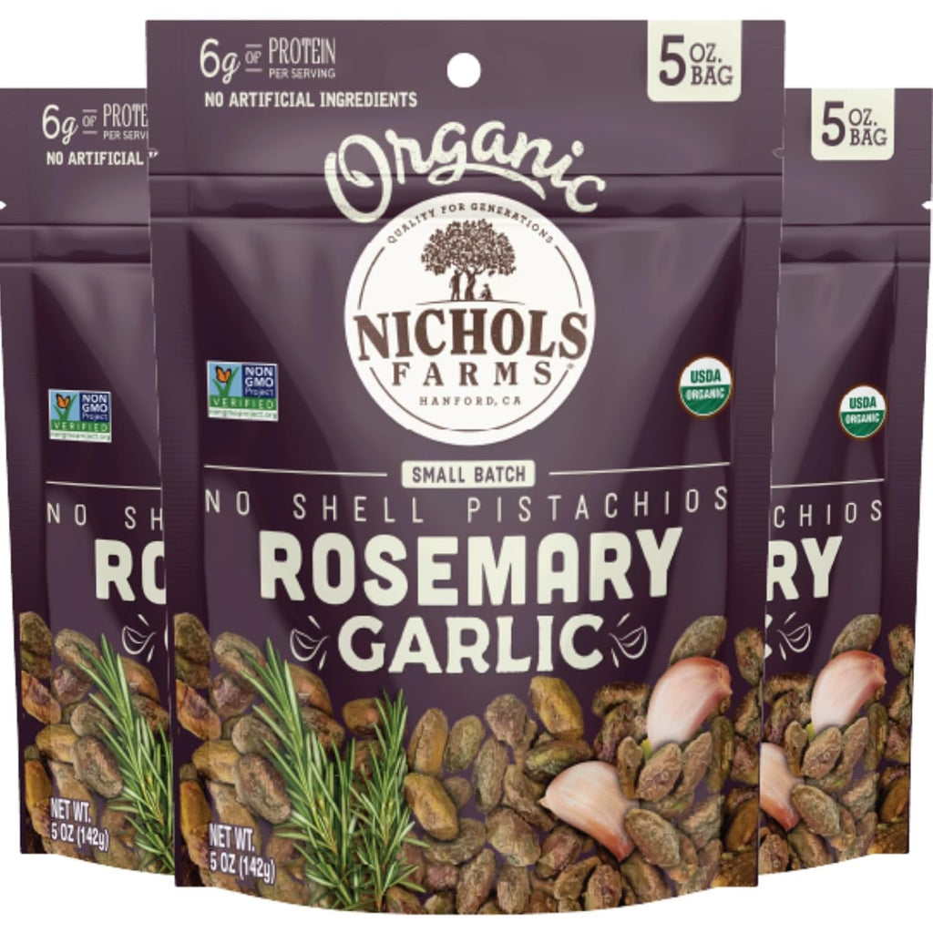 Nichols Farms Organic Rosemary Garlic No Shell Pistachios, Case of 12, 5 Ounce